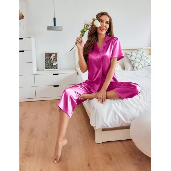 Ekouaer Women Satin Pajamas Set Short Sleeve Sleepwear Silk Button Down Nightwear TwoPiece Loungewear Pjs SetRose Red