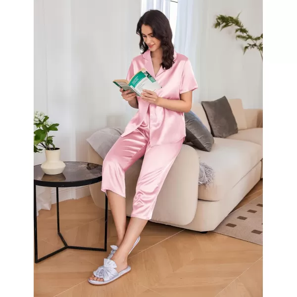 Ekouaer Women Satin Pajamas Set Short Sleeve Sleepwear Silk Button Down Nightwear TwoPiece Loungewear Pjs SetVeiled Rose