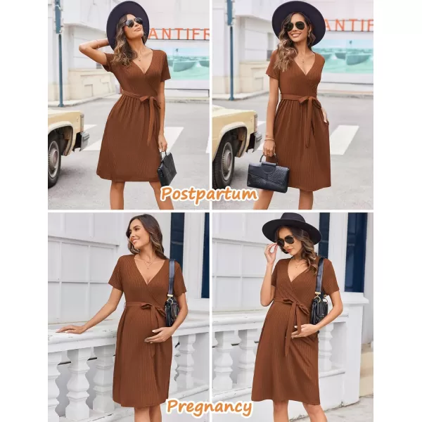 Ekouaer Women Short Sleeve Maternity Nursing Dress Casual V Neck Breastfeeding Loungewear Ribbed Knit Pregnancy Dresses SXXLDeep Caramel