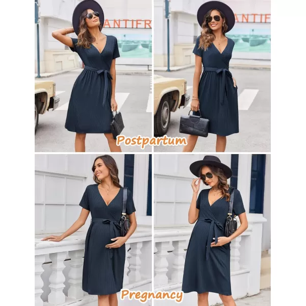 Ekouaer Women Short Sleeve Maternity Nursing Dress Casual V Neck Breastfeeding Loungewear Ribbed Knit Pregnancy Dresses SXXLNavy Blue