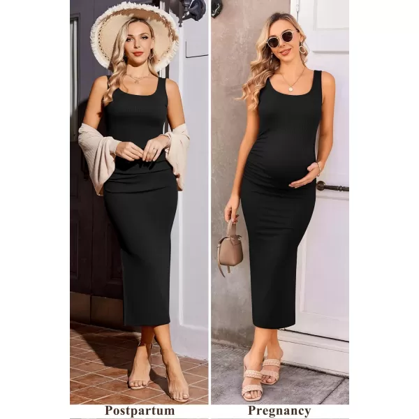 Ekouaer Women Sleeveless Tank Maternity Dress Ribbed Knit Pregnancy Midi Dresses Ruch Side Stretchy Pregnancy Clothes SXXLBlack