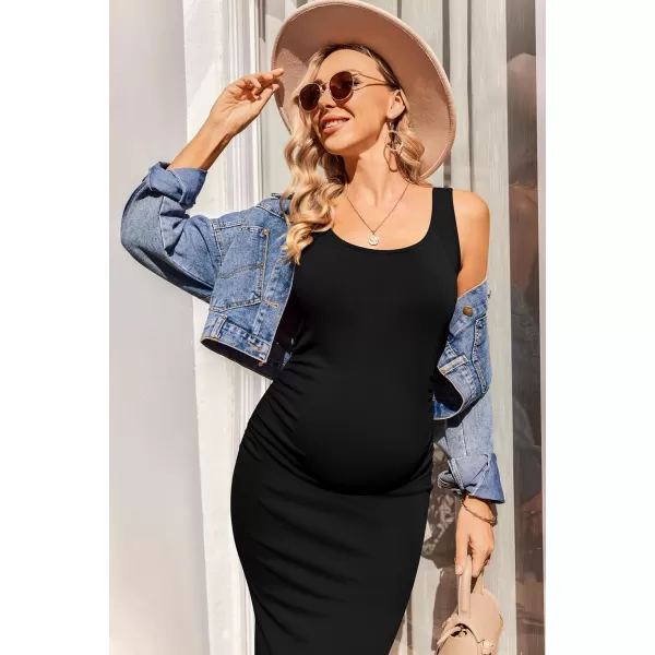 Ekouaer Women Sleeveless Tank Maternity Dress Ribbed Knit Pregnancy Midi Dresses Ruch Side Stretchy Pregnancy Clothes SXXLBlack