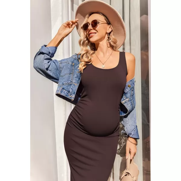 Ekouaer Women Sleeveless Tank Maternity Dress Ribbed Knit Pregnancy Midi Dresses Ruch Side Stretchy Pregnancy Clothes SXXLBrown1