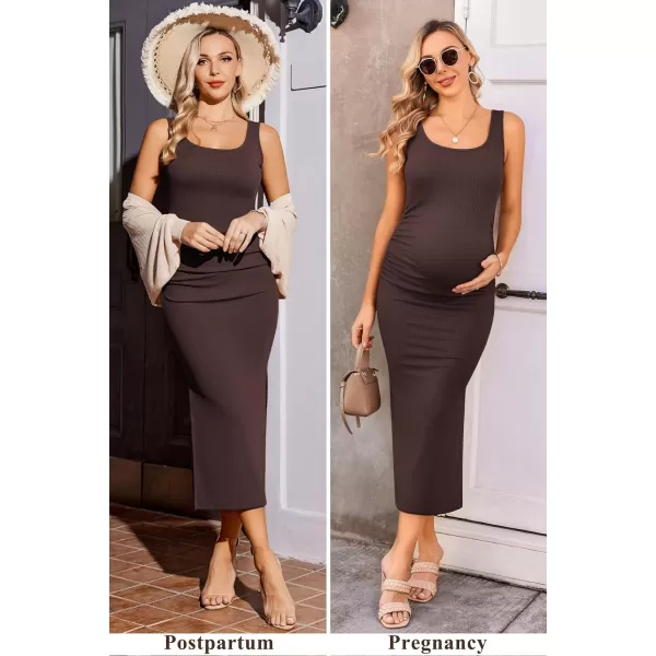 Ekouaer Women Sleeveless Tank Maternity Dress Ribbed Knit Pregnancy Midi Dresses Ruch Side Stretchy Pregnancy Clothes SXXLBrown1