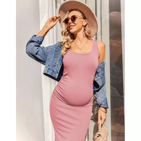 Ekouaer Women Sleeveless Tank Maternity Dress Ribbed Knit Pregnancy Midi Dresses Ruch Side Stretchy Pregnancy Clothes SXXLCoral Pink