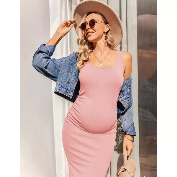 Ekouaer Women Sleeveless Tank Maternity Dress Ribbed Knit Pregnancy Midi Dresses Ruch Side Stretchy Pregnancy Clothes SXXLDirty Pink