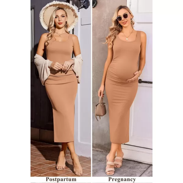 Ekouaer Women Sleeveless Tank Maternity Dress Ribbed Knit Pregnancy Midi Dresses Ruch Side Stretchy Pregnancy Clothes SXXLKhaki