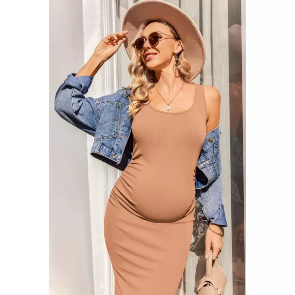 Ekouaer Women Sleeveless Tank Maternity Dress Ribbed Knit Pregnancy Midi Dresses Ruch Side Stretchy Pregnancy Clothes SXXLKhaki