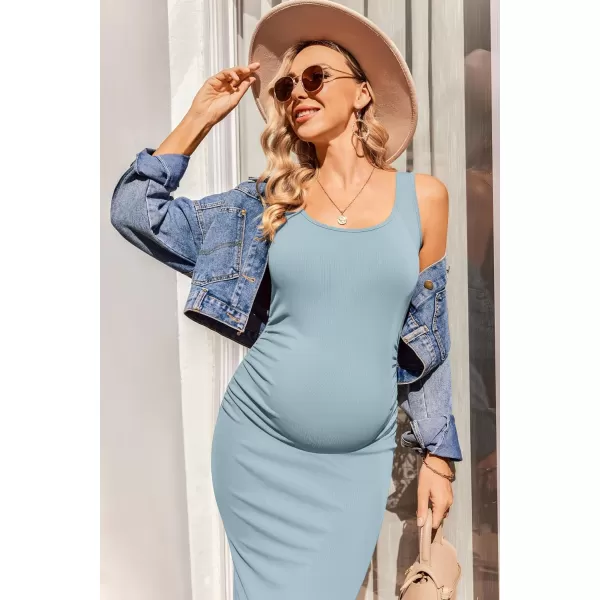 Ekouaer Women Sleeveless Tank Maternity Dress Ribbed Knit Pregnancy Midi Dresses Ruch Side Stretchy Pregnancy Clothes SXXLLight Blue