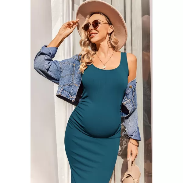 Ekouaer Women Sleeveless Tank Maternity Dress Ribbed Knit Pregnancy Midi Dresses Ruch Side Stretchy Pregnancy Clothes SXXLTeal