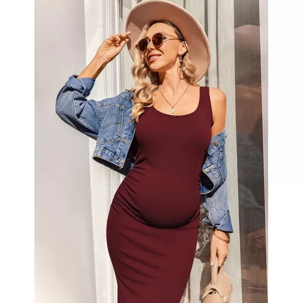 Ekouaer Women Sleeveless Tank Maternity Dress Ribbed Knit Pregnancy Midi Dresses Ruch Side Stretchy Pregnancy Clothes SXXLWine Red