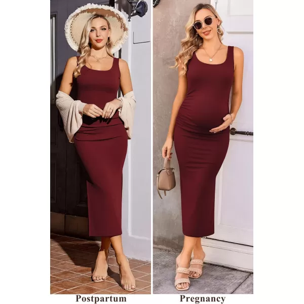 Ekouaer Women Sleeveless Tank Maternity Dress Ribbed Knit Pregnancy Midi Dresses Ruch Side Stretchy Pregnancy Clothes SXXLWine Red