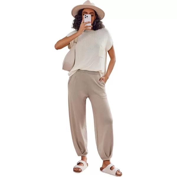 Ekouaer Womens 2 Piece Lounge Set Cap Sleeve Tops and Jogger Pants Knit Pajama Sweatsuit SXXLBeige