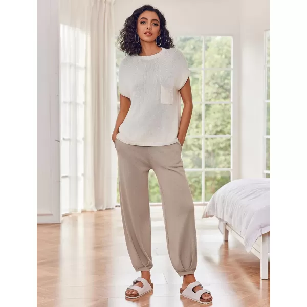 Ekouaer Womens 2 Piece Lounge Set Cap Sleeve Tops and Jogger Pants Knit Pajama Sweatsuit SXXLBeige