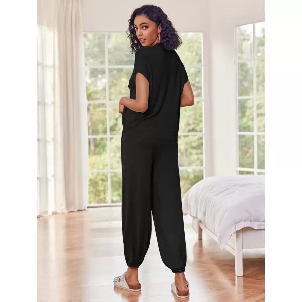Ekouaer Womens 2 Piece Lounge Set Cap Sleeve Tops and Jogger Pants Knit Pajama Sweatsuit SXXLBlack