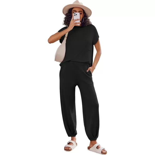 Ekouaer Womens 2 Piece Lounge Set Cap Sleeve Tops and Jogger Pants Knit Pajama Sweatsuit SXXLBlack