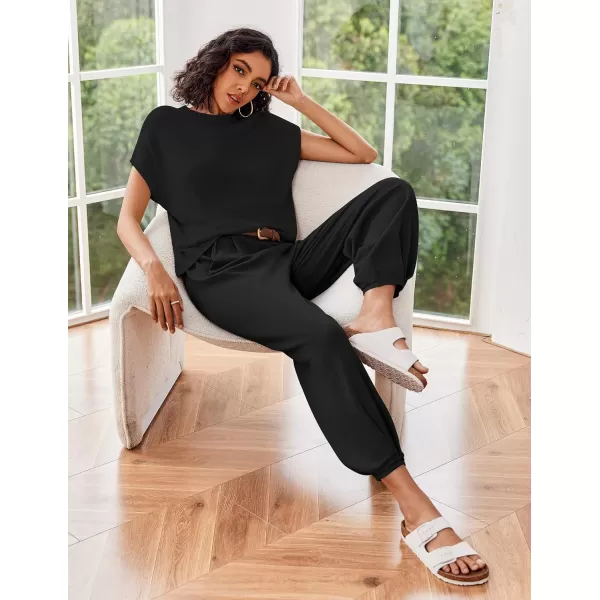 Ekouaer Womens 2 Piece Lounge Set Cap Sleeve Tops and Jogger Pants Knit Pajama Sweatsuit SXXLBlack
