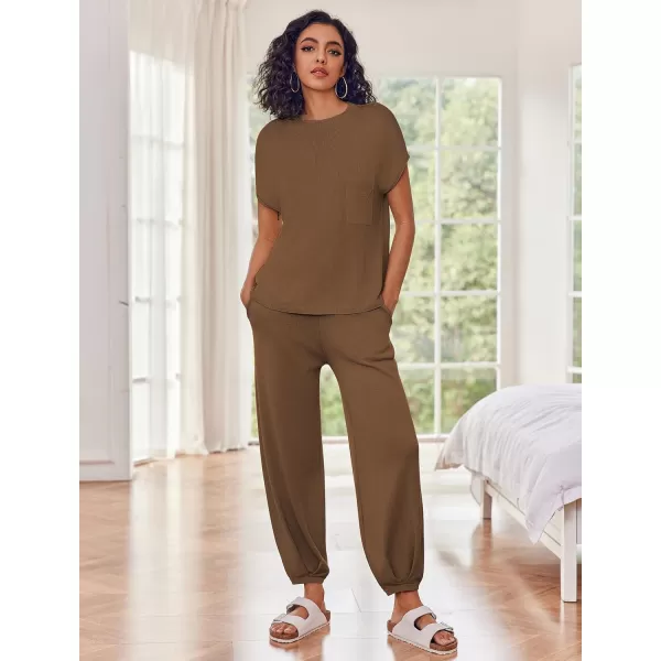 Ekouaer Womens 2 Piece Lounge Set Cap Sleeve Tops and Jogger Pants Knit Pajama Sweatsuit SXXLBrown