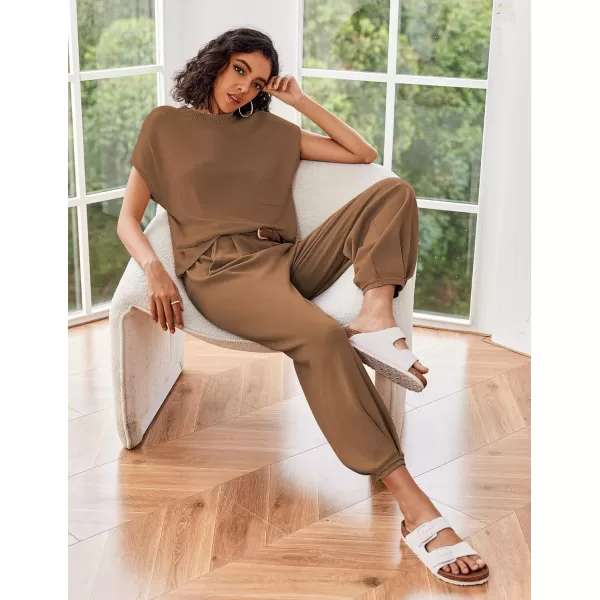 Ekouaer Womens 2 Piece Lounge Set Cap Sleeve Tops and Jogger Pants Knit Pajama Sweatsuit SXXLBrown