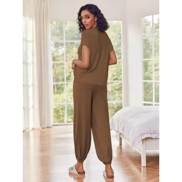 Ekouaer Womens 2 Piece Lounge Set Cap Sleeve Tops and Jogger Pants Knit Pajama Sweatsuit SXXLBrown