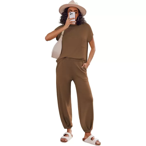 Ekouaer Womens 2 Piece Lounge Set Cap Sleeve Tops and Jogger Pants Knit Pajama Sweatsuit SXXLBrown