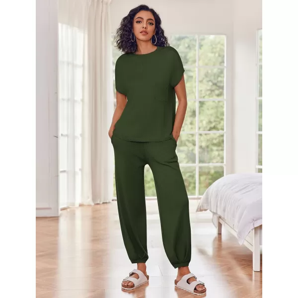 Ekouaer Womens 2 Piece Lounge Set Cap Sleeve Tops and Jogger Pants Knit Pajama Sweatsuit SXXLGreen