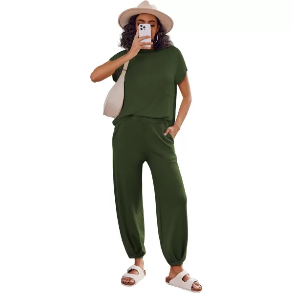 Ekouaer Womens 2 Piece Lounge Set Cap Sleeve Tops and Jogger Pants Knit Pajama Sweatsuit SXXLGreen