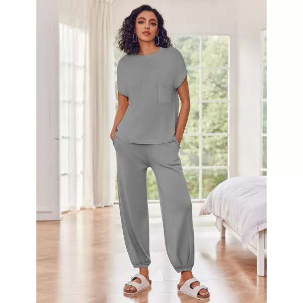 Ekouaer Womens 2 Piece Lounge Set Cap Sleeve Tops and Jogger Pants Knit Pajama Sweatsuit SXXLGrey