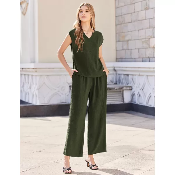 Ekouaer Womens 2 Piece Pajama Sets Sleeveless V Neck Silky Tank Top with High Waist Wide Leg Pants Lounge Sets SXXLArmy Green