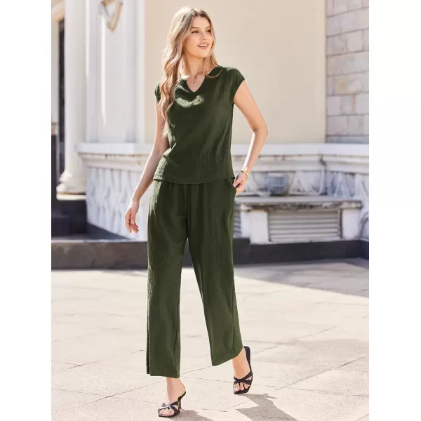 Ekouaer Womens 2 Piece Pajama Sets Sleeveless V Neck Silky Tank Top with High Waist Wide Leg Pants Lounge Sets SXXLArmy Green