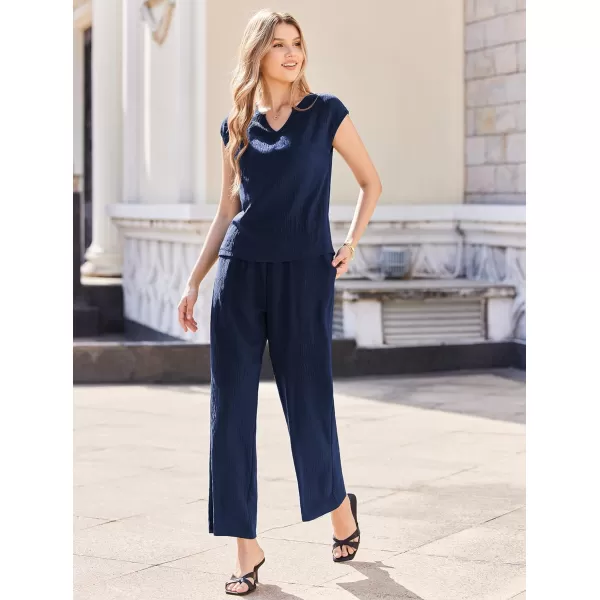 Ekouaer Womens 2 Piece Pajama Sets Sleeveless V Neck Silky Tank Top with High Waist Wide Leg Pants Lounge Sets SXXLNavy Blue