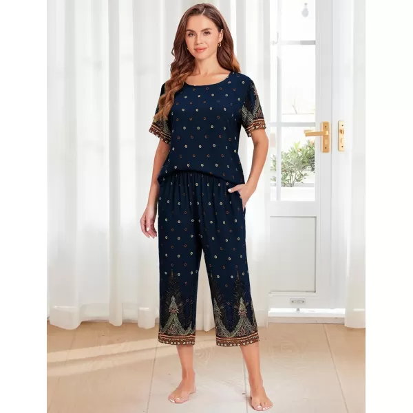 Ekouaer Womens Capri Pajama Sets Short Sleeve Shirt and Capri Pants with Pockets Sleepwear Pjs SetsFloral Blue