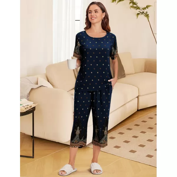 Ekouaer Womens Capri Pajama Sets Short Sleeve Shirt and Capri Pants with Pockets Sleepwear Pjs SetsFloral Blue