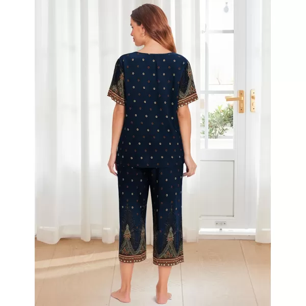 Ekouaer Womens Capri Pajama Sets Short Sleeve Shirt and Capri Pants with Pockets Sleepwear Pjs SetsFloral Blue