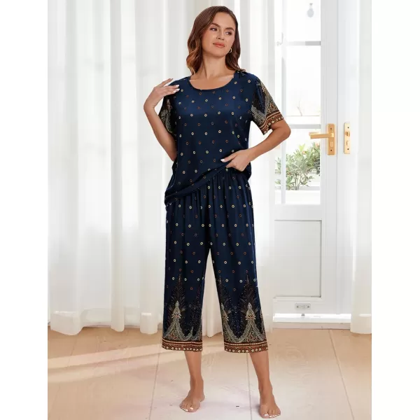 Ekouaer Womens Capri Pajama Sets Short Sleeve Shirt and Capri Pants with Pockets Sleepwear Pjs SetsFloral Blue