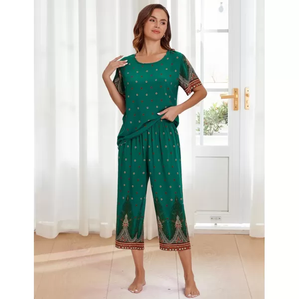 Ekouaer Womens Capri Pajama Sets Short Sleeve Shirt and Capri Pants with Pockets Sleepwear Pjs SetsFloral Green