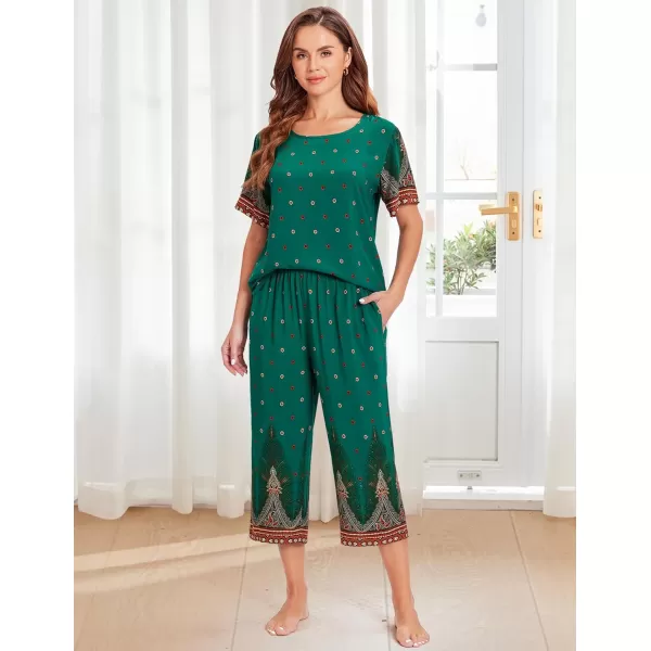 Ekouaer Womens Capri Pajama Sets Short Sleeve Shirt and Capri Pants with Pockets Sleepwear Pjs SetsFloral Green