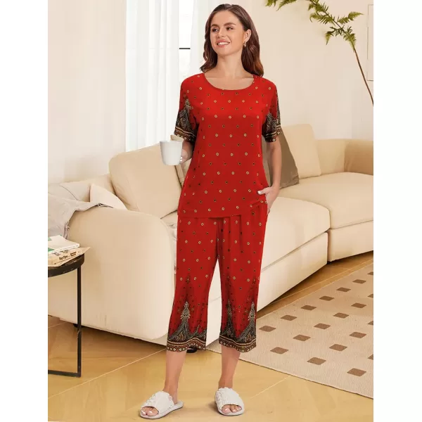 Ekouaer Womens Capri Pajama Sets Short Sleeve Shirt and Capri Pants with Pockets Sleepwear Pjs SetsFloral Red