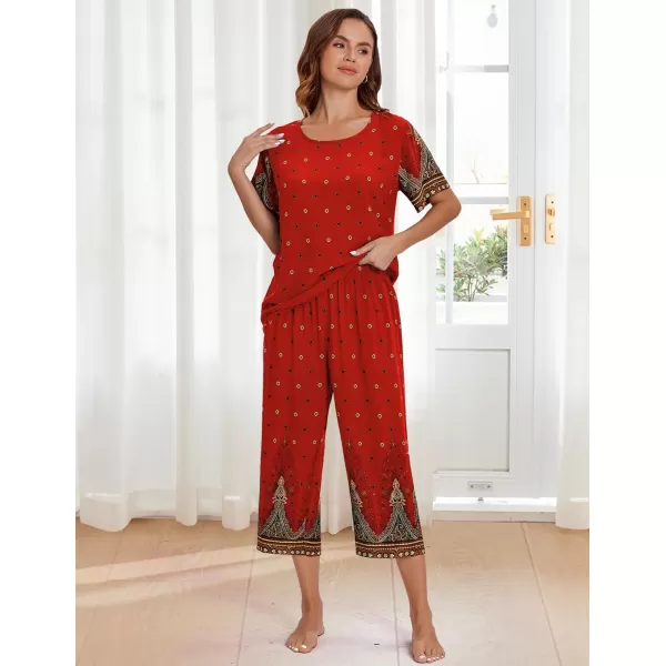 Ekouaer Womens Capri Pajama Sets Short Sleeve Shirt and Capri Pants with Pockets Sleepwear Pjs SetsFloral Red