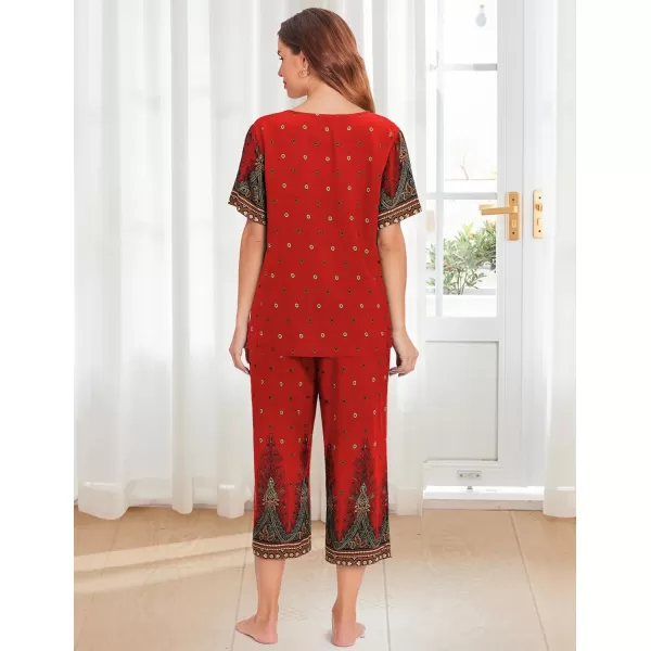 Ekouaer Womens Capri Pajama Sets Short Sleeve Shirt and Capri Pants with Pockets Sleepwear Pjs SetsFloral Red