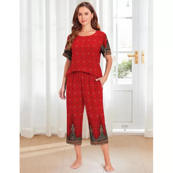 Ekouaer Womens Capri Pajama Sets Short Sleeve Shirt and Capri Pants with Pockets Sleepwear Pjs SetsFloral Red