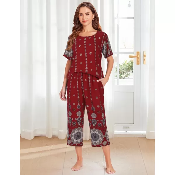 Ekouaer Womens Capri Pajama Sets Short Sleeve Shirt and Capri Pants with Pockets Sleepwear Pjs SetsFloral Wine Red 2