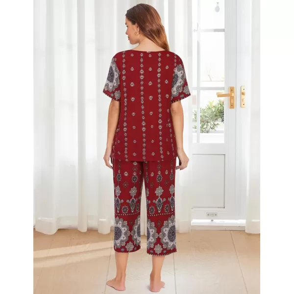 Ekouaer Womens Capri Pajama Sets Short Sleeve Shirt and Capri Pants with Pockets Sleepwear Pjs SetsFloral Wine Red 2