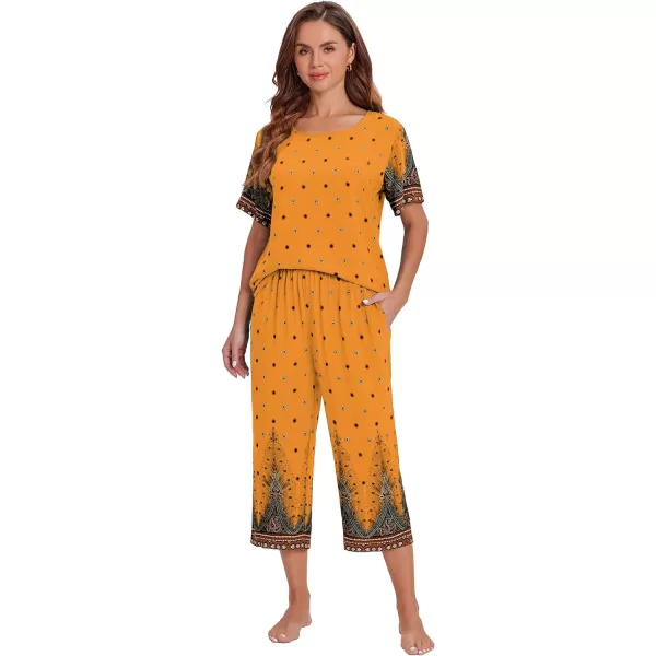 Ekouaer Womens Capri Pajama Sets Short Sleeve Shirt and Capri Pants with Pockets Sleepwear Pjs SetsFloral Yellow