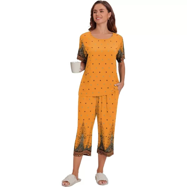 Ekouaer Womens Capri Pajama Sets Short Sleeve Shirt and Capri Pants with Pockets Sleepwear Pjs SetsFloral Yellow