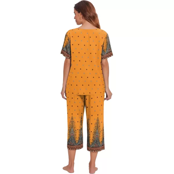 Ekouaer Womens Capri Pajama Sets Short Sleeve Shirt and Capri Pants with Pockets Sleepwear Pjs SetsFloral Yellow