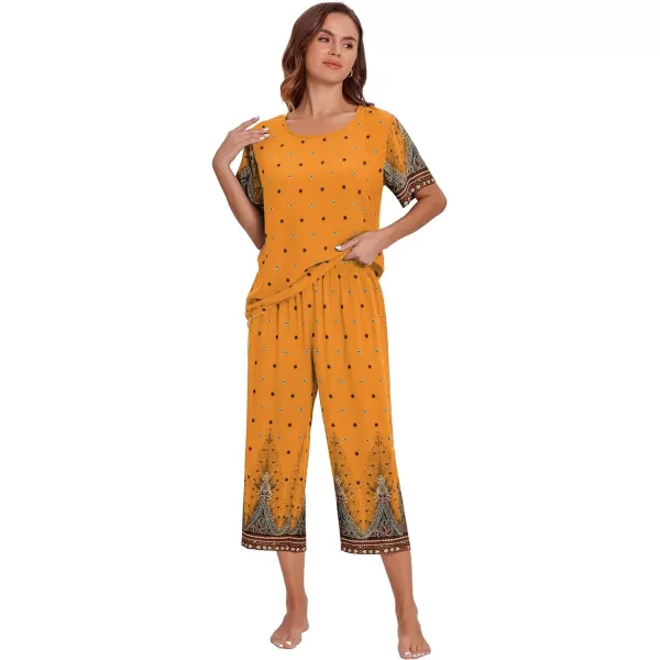 Ekouaer Womens Capri Pajama Sets Short Sleeve Shirt and Capri Pants with Pockets Sleepwear Pjs SetsFloral Yellow