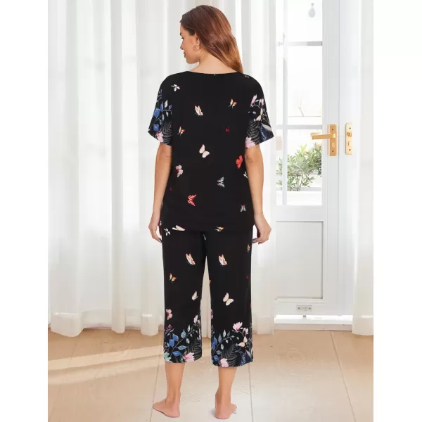 Ekouaer Womens Capri Pajama Sets Short Sleeve Shirt and Capri Pants with Pockets Sleepwear Pjs SetsFlower Black 2