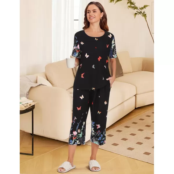 Ekouaer Womens Capri Pajama Sets Short Sleeve Shirt and Capri Pants with Pockets Sleepwear Pjs SetsFlower Black 2