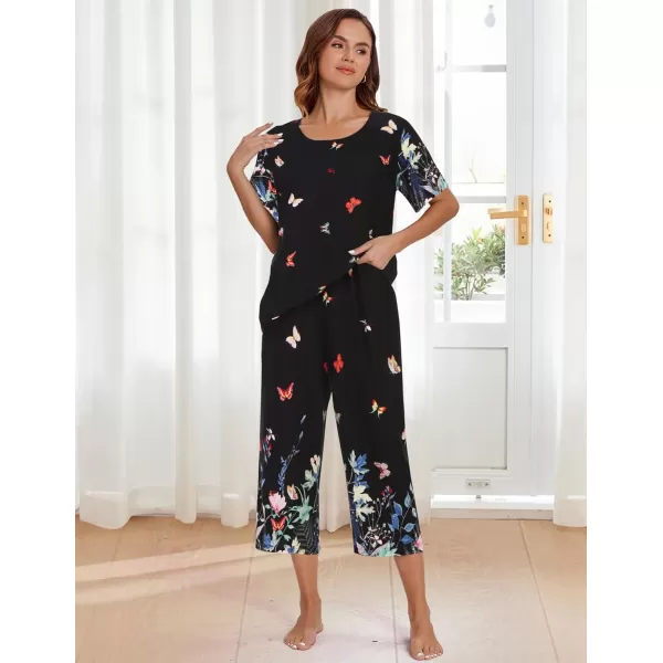 Ekouaer Womens Capri Pajama Sets Short Sleeve Shirt and Capri Pants with Pockets Sleepwear Pjs SetsFlower Black 2